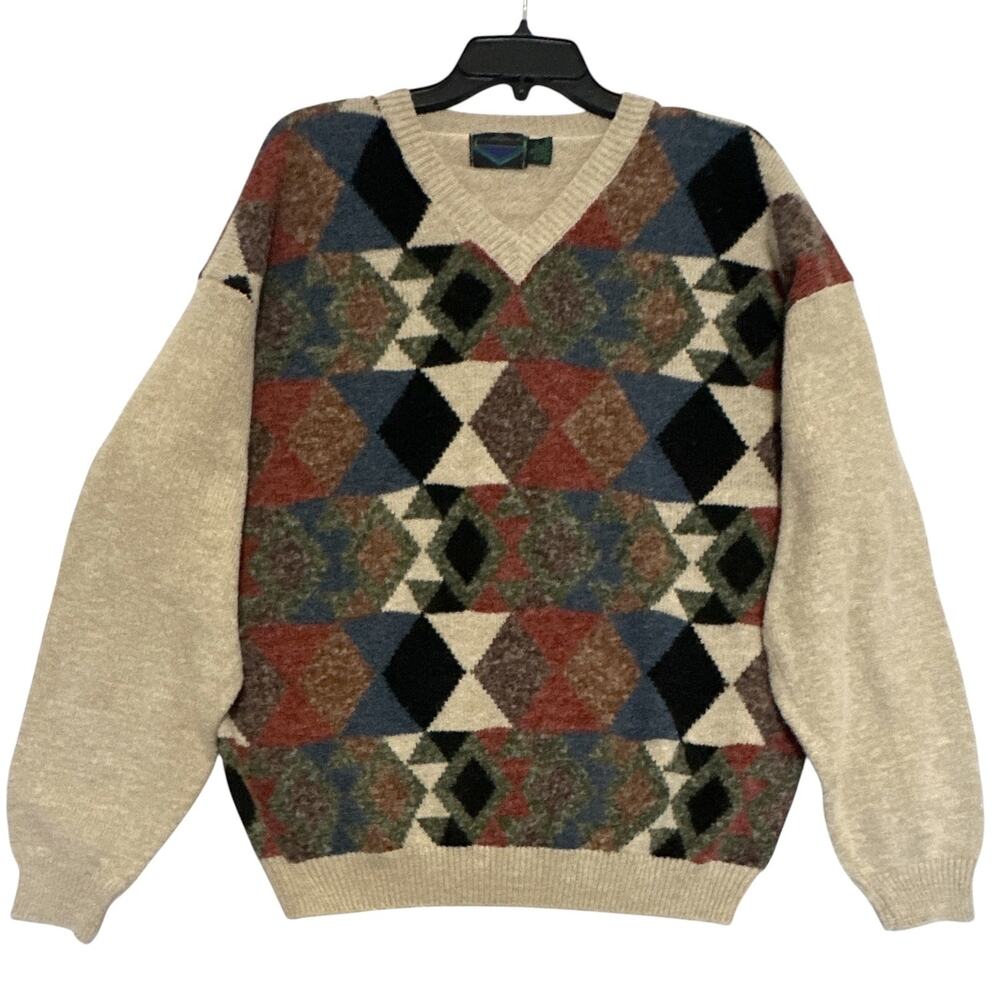 Etchings Vintage Sweater Men XL Beige Multicolor Geometric V-Neck 90s Retro Knit